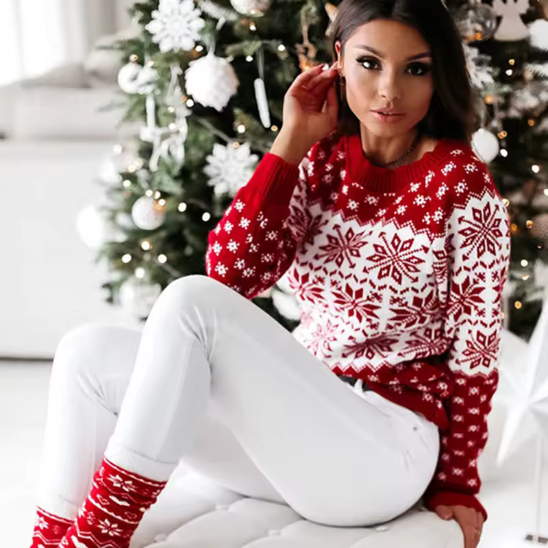 Women Sweater Christmas Snowflake Knitted Long Sleeve 