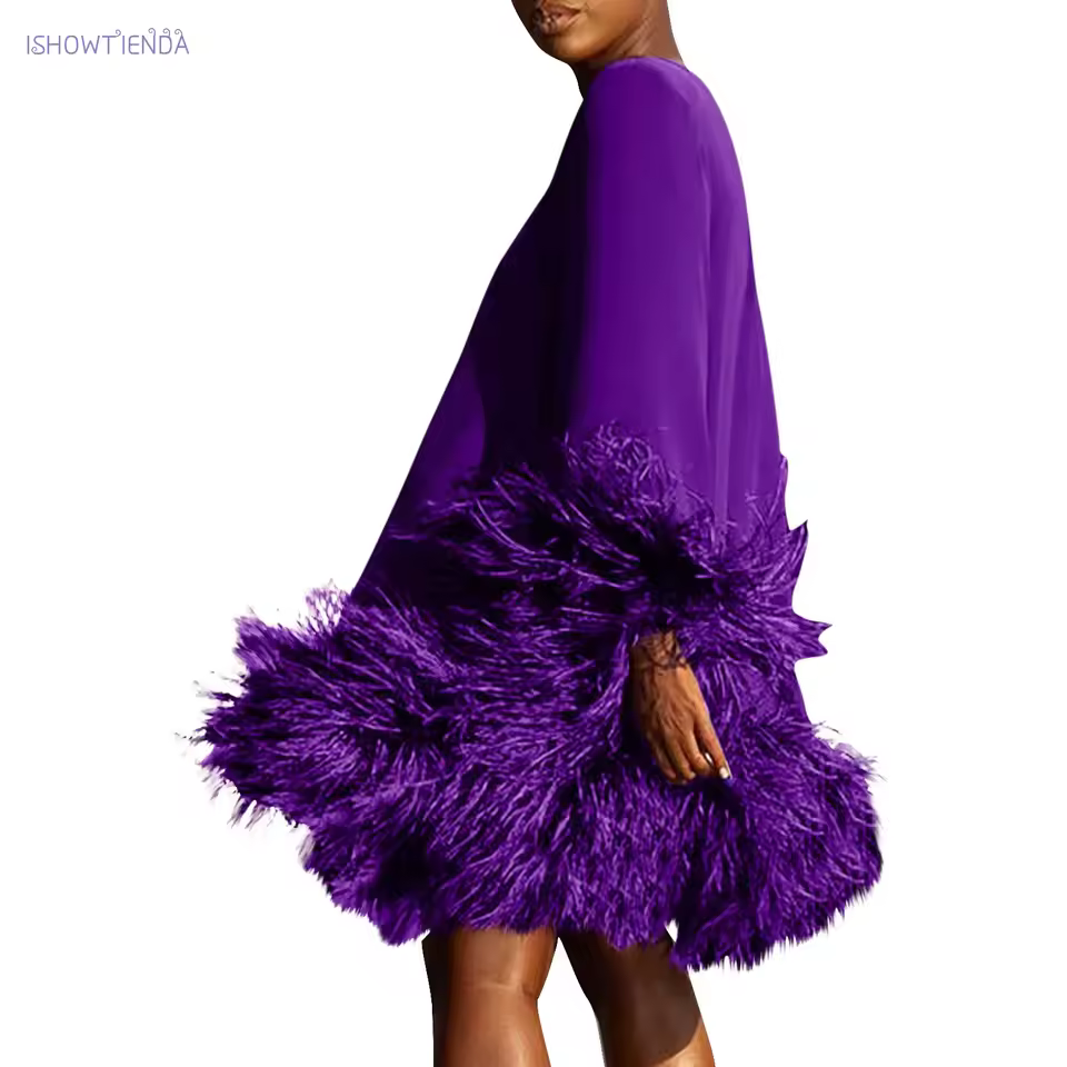  Feather Fur Patchwork Mini Dress Elegant Party Long Sleeve Dress Autumn Winter Women Sexy