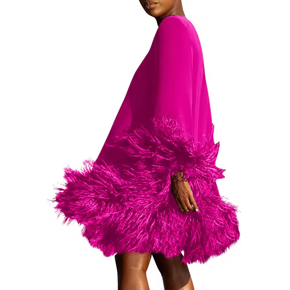  Feather Fur Patchwork Mini Dress Elegant Party Long Sleeve Dress Autumn Winter Women Sexy