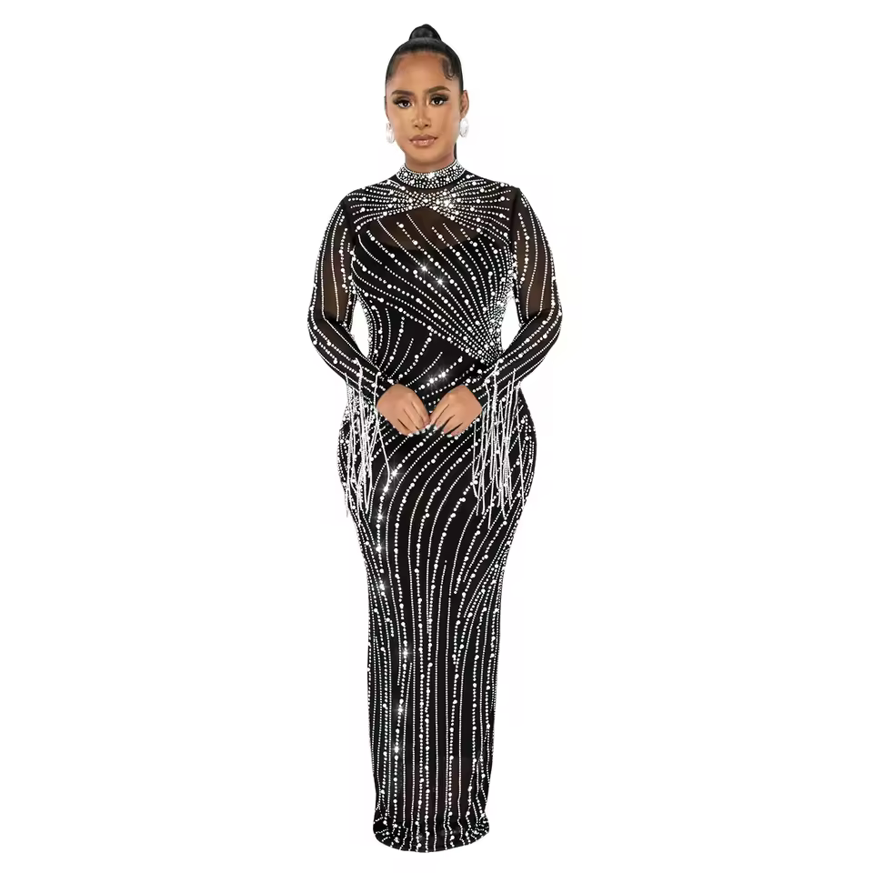 Women's Mesh Diamonds Long Sleeve Prom Dresses 