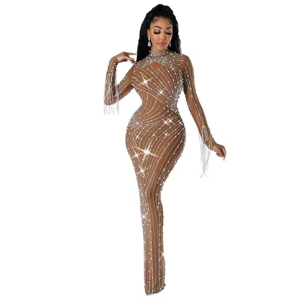 Women's Mesh Diamonds Long Sleeve Prom Dresses 