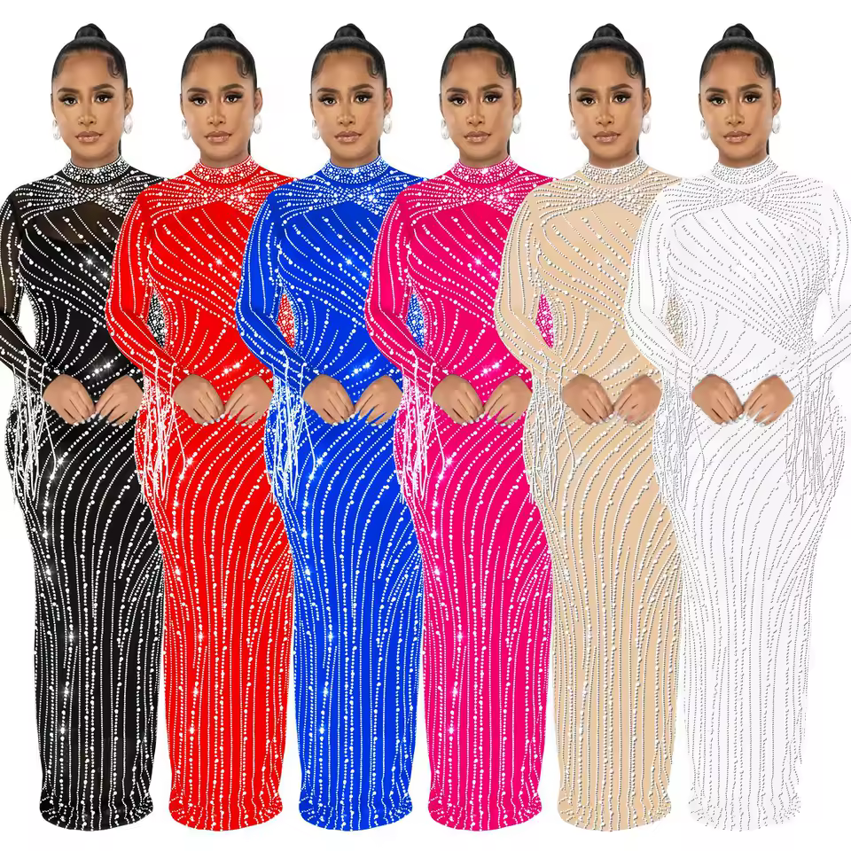 Women's Mesh Diamonds Long Sleeve Prom Dresses 