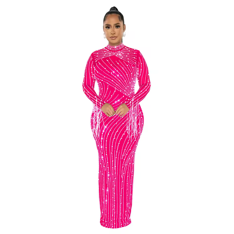Women's Mesh Diamonds Long Sleeve Prom Dresses 