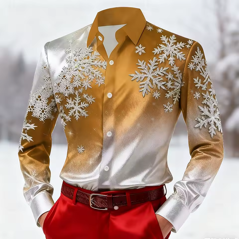 Men's Snowflake Gradient Color Shirt Dress Shirt Long Sleeve 