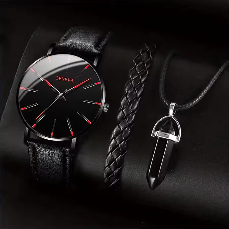 3PCS/Set Men Business Watches Casual Leather Band