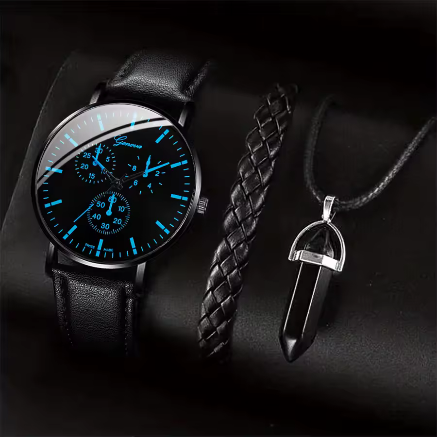 3PCS/Set Men Business Watches Casual Leather Band