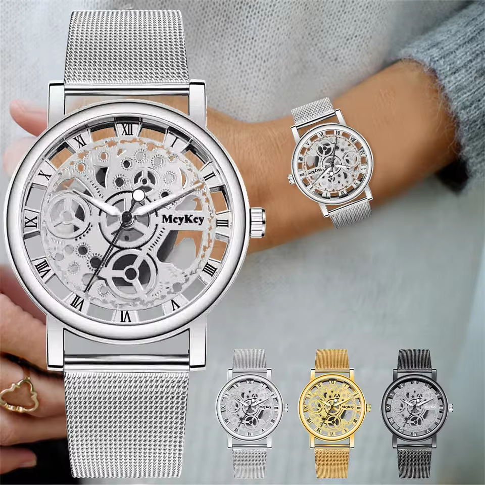  Women Hollow Skeleton Faux Mechanical Watch 