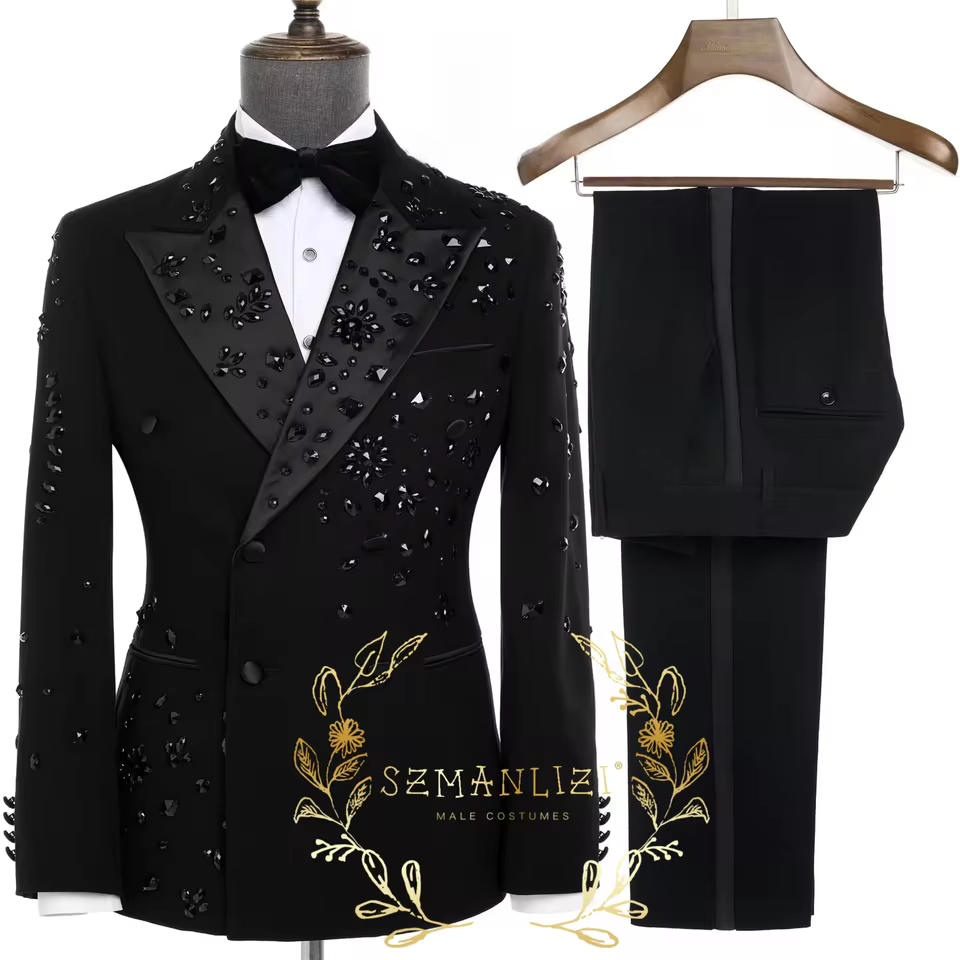 Luxury Gold Crystal 2 Pieces Men's Suits Double Breasted Black Suits