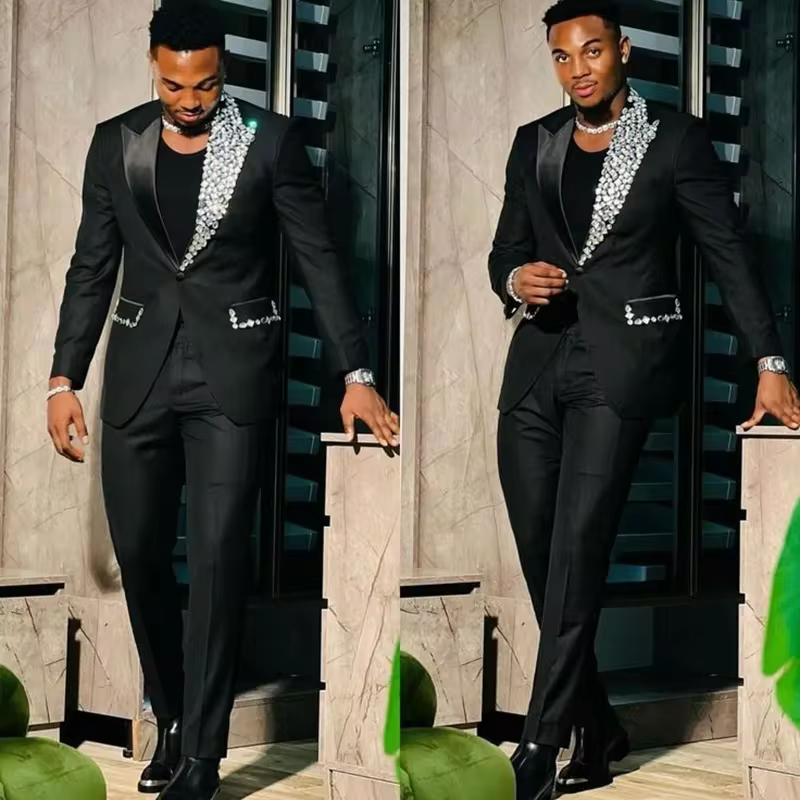 Luxury Gold Crystal 2 Pieces Men's Suits Double Breasted Black Suits