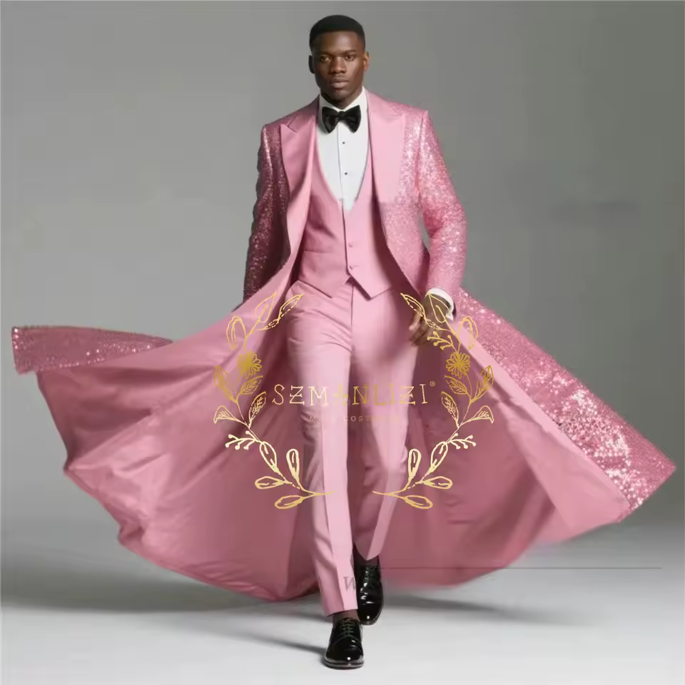 Burgundy Shiny Sequin Suits Men 3 Pieces Sets 