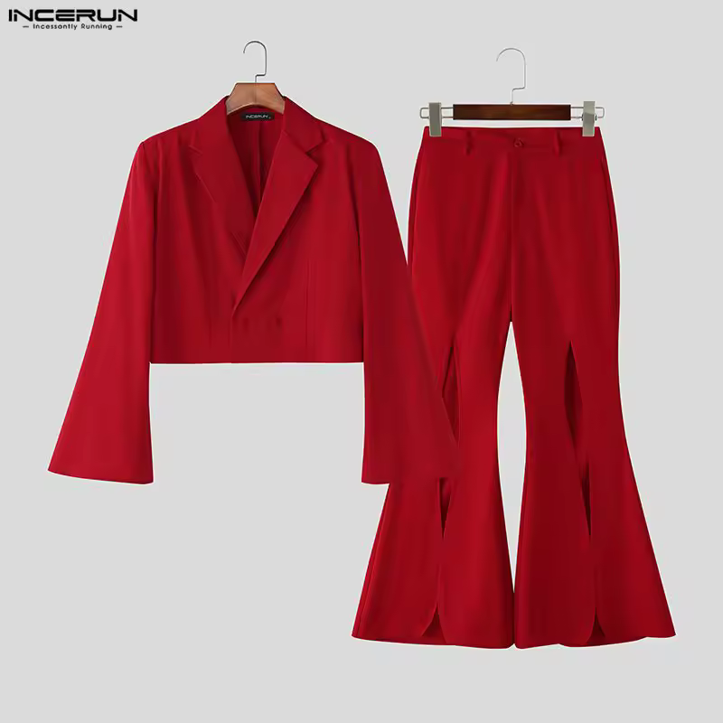 Men Sets Solid Color Lapel Long Sleeve Crop Blaze