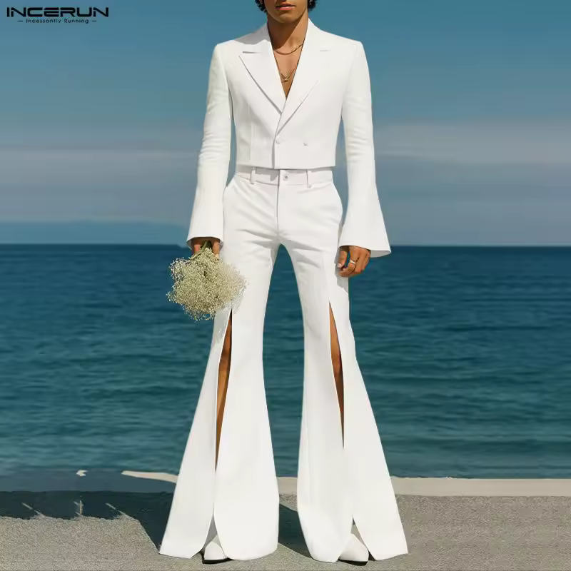 Men Sets Solid Color Lapel Long Sleeve Crop Blaze